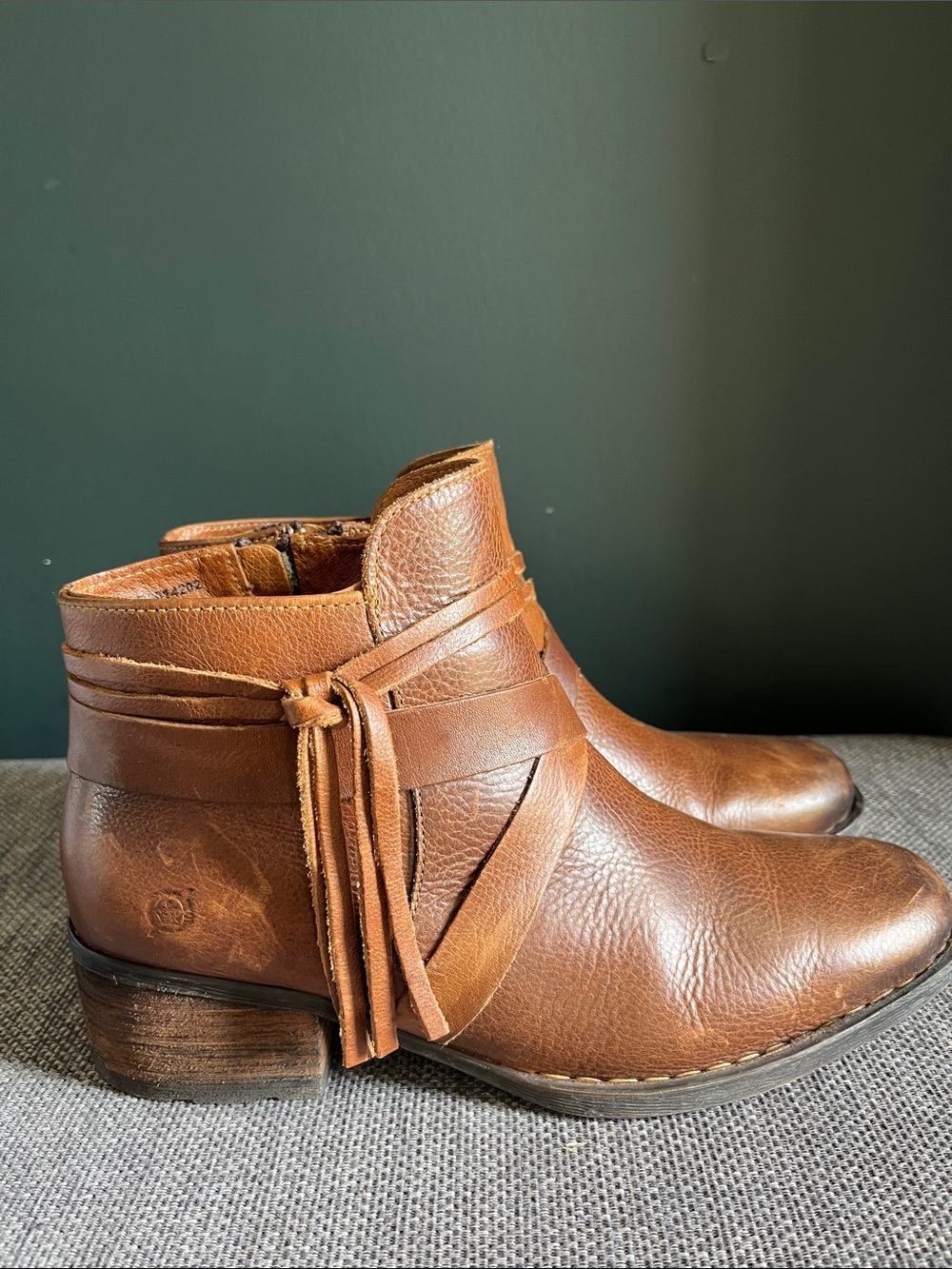 Born Cognac Brown Leather Ankle Boots with Wrap Tassel